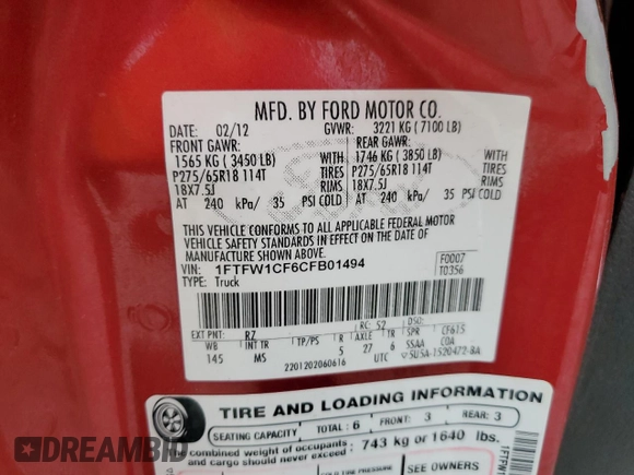 2012 Ford F-150 XL z VIN 1FTFW1CF6CFB01494, wystawiony jako Copart lot #50752105 z przebiegiem 188 770 mil mil oraz Szkoda całkowita • Salvage title. Historia ofert i sprzedaży dostępna na DreamBid. Obrazek 12.