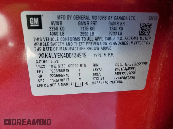 2013 GMC Terrain Denali with VIN 2GKALYEK4D6134919, listed as a Copart auction lot 87313994 with Not Provided miles and Salvage Title. Bid and sale history available at DreamBid. Image 13.