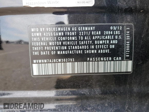 2012 Volkswagen Golf TDI with VIN WVWNM7AJ8CW302793, listed as a Copart auction lot 45277555 with 128,113 mi miles and Salvage title. Bid and sale history available at DreamBid. Image 14.