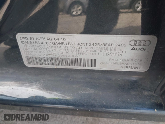 2010 Audi A4 2.0T Premium Plus with VIN WAUEFAFL9AN061618, listed as a IAAI auction lot 41527284 with 136,678 mi miles. Bid and sale history available at carsss.com. Image 9.