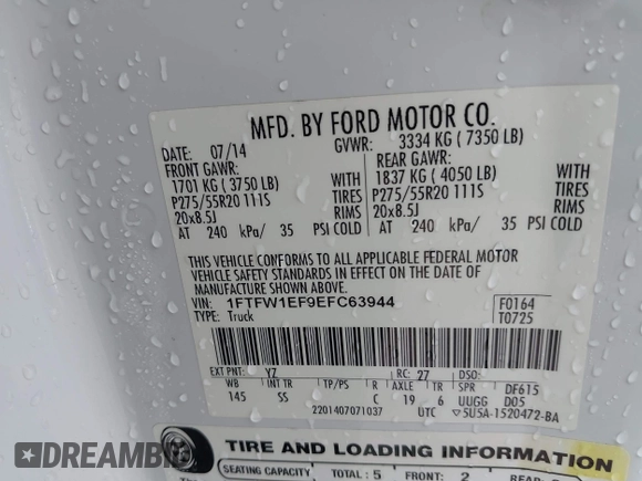 2014 Ford F-150 XL with VIN 1FTFW1EF9EFC63944, listed as a IAAI auction lot 42214453 with 252,127 mi miles and . Bid and sale history available at DreamBid. Image 9.