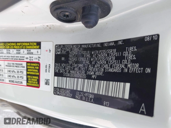 2011 Toyota Sienna XLE with VIN 5TDDK3DC6BS010355, listed as a IAAI auction lot 41998019 with 257,558 mi miles and . Bid and sale history available at DreamBid. Image 9.