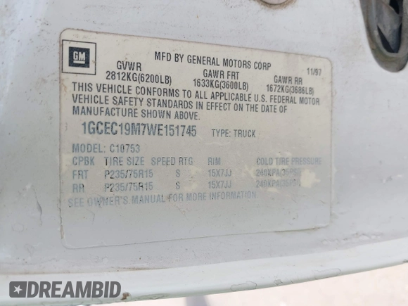 1998 Chevrolet Silverado 1500 with VIN 1GCEC19M7WE151745, listed as a IAAI auction lot 42161857 with 203,640 mi miles and . Bid and sale history available at DreamBid. Image 9.