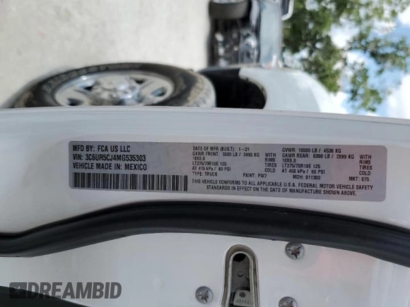 2021 Ram 2500 Tradesman with VIN 3C6UR5CJ4MG535303, listed as a Copart auction lot 58391745 with 38,282 mi miles and Salvage title. Bid and sale history available at DreamBid. Image 12.
