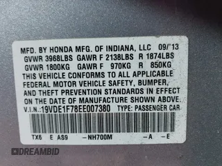 2014 Acura ILX Technology with VIN 19VDE1F78EE007380, listed as a IAAI auction lot 41654860 with 161,059 mi miles and . Bid and sale history available at DreamBid. Image 9.