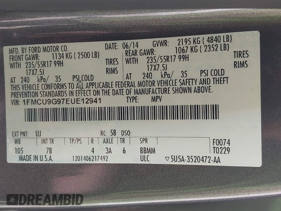 2014 Ford Escape SE с VIN 1FMCU9G97EUE12941, выставлен на аукционе IAAI как лот 42338284 с пробегом 159 329 миль миль и . История ставок и продаж доступна на DreamBid. Изображение 9.