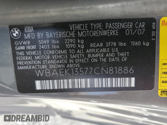 2007 BMW 6 Series 650i z VIN WBAEK13577CN81886, wystawiony jako Copart lot #51362585 z przebiegiem 110 174 mil mil oraz Czysty tytuł • Clean title. Historia ofert i sprzedaży dostępna na DreamBid. Obrazek 12.