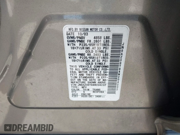 2004 Nissan Murano SL z VIN JN8AZ08T94W204232, wystawiony jako IAAI lot #42239543 z przebiegiem Nie podano mil oraz . Historia ofert i sprzedaży dostępna na DreamBid. Obrazek 9.