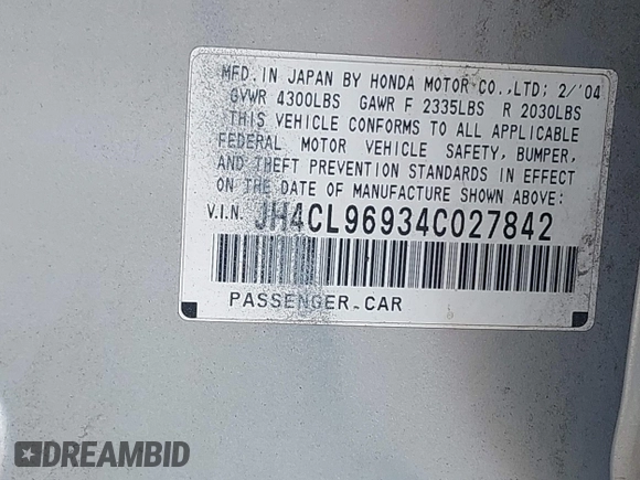 2004 Acura TSX w/Navigation with VIN JH4CL96934C027842, listed as a IAAI auction lot 42606612 with 165,595 mi miles and . Bid and sale history available at DreamBid. Image 9.