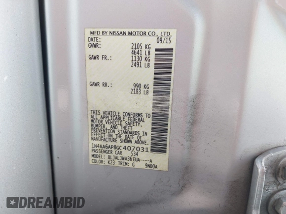 2016 Nissan Maxima SR with VIN 1N4AA6AP8GC407031, listed as a IAAI auction lot 42453395 with 204,155 mi miles and . Bid and sale history available at DreamBid. Image 9.