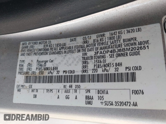 2011 Ford Fiesta SE with VIN 3FADP4BJ8BM202651, listed as a IAAI auction lot 41440341 with 181,494 mi miles. Bid and sale history available at carsss.com. Image 9.