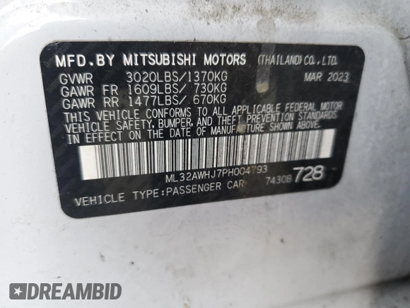 2023 Mitsubishi Mirage Black Edition with VIN ML32AWHJ7PH004793, listed as a Copart auction lot 44710115 with Not provided miles and Salvage title. Bid and sale history available at DreamBid. Image 13.