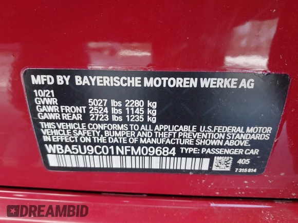 2022 BMW 3 Series M340i xDrive with VIN WBA5U9C01NFM09684, listed as a IAAI auction lot 41670169 with 38,640 mi miles and . Bid and sale history available at DreamBid. Image 9.