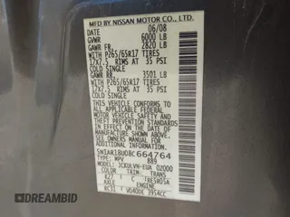 2008 Nissan Pathfinder S with VIN 5N1AR18U08C664764, listed as a IAAI auction lot 41651549 with 151,260 mi miles. Bid and sale history available at carsss.com. Image 9.
