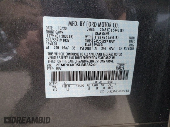 2020 Ford Edge Titanium with VIN 2FMPK4K95LBB38241, listed as a IAAI auction lot 41974969 with 86,588 mi miles. Bid and sale history available at carsss.com. Image 1.