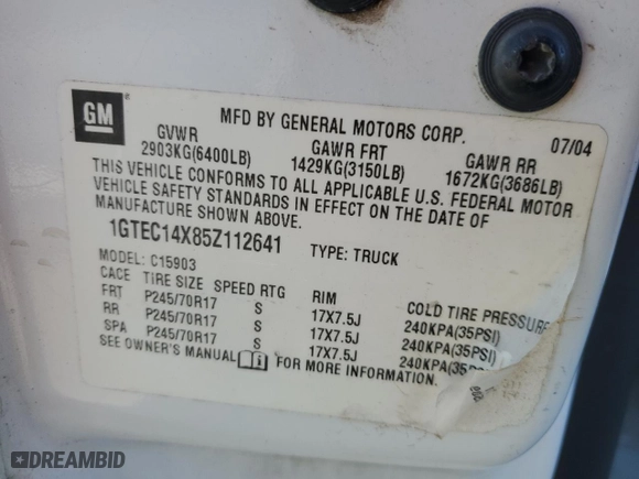 2005 GMC Sierra 1500 Work Truck with VIN 1GTEC14X85Z112641, listed as a Copart auction lot 81829484 with 224,354 mi miles and Salvage Title. Bid and sale history available at carsss.com. Image 14.