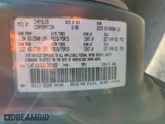 1998 Jeep Cherokee Sport with VIN 1J4FJ68S6WL283022, listed as a Copart auction lot 57451125 with 207,618 mi miles and Salvage title. Bid and sale history available at DreamBid. Image 14.