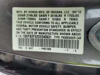 2013 Honda Civic LX with VIN 19XFB2F52DE040631, listed as a Copart auction lot 51076145 with 135,840 mi miles and Salvage Title. Bid and sale history available at DreamBid. Image 14.
