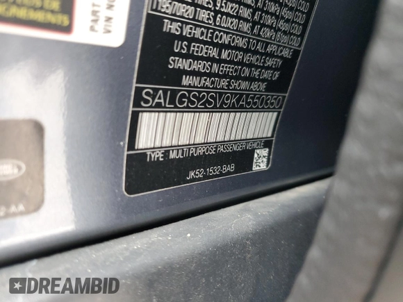 2019 Land Rover Range Rover HSE with VIN SALGS2SV9KA550350, listed as a Copart auction lot 84852544 with 58,602 mi miles and Salvage title. Bid and sale history available at DreamBid. Image 13.