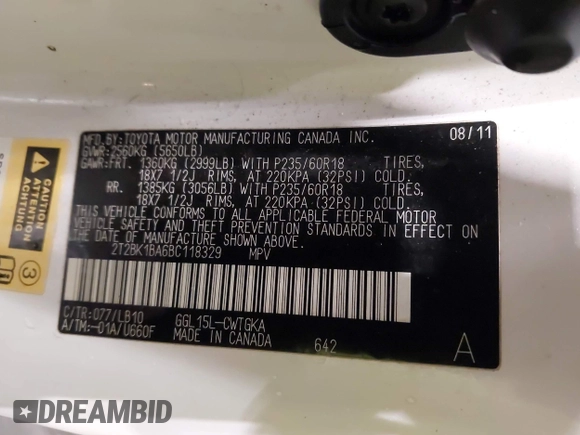 2011 Lexus RX 350 with VIN 2T2BK1BA6BC118329, listed as a IAAI auction lot 41910440 with 152,910 mi miles and . Bid and sale history available at DreamBid. Image 9.
