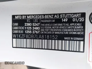 2020 Mercedes-Benz E 350 with VIN W1KZF8DB7LA818152, listed as a IAAI auction lot 41871865 with 89,101 mi miles and . Bid and sale history available at DreamBid. Image 9.