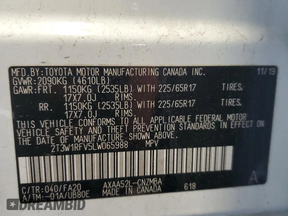 2020 Toyota RAV4 XLE with VIN 2T3W1RFV5LW065988, listed as a Copart auction lot 57382295 with 91,364 mi miles and Clean title. Bid and sale history available at DreamBid. Image 13.