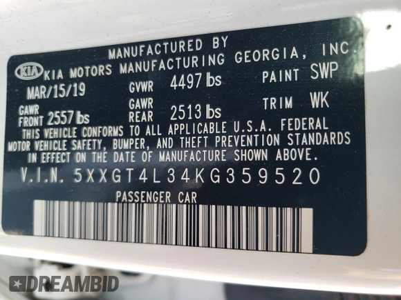 2019 Kia Optima LX with VIN 5XXGT4L34KG359520, listed as a Copart auction lot 72640724 with Not Provided miles and Salvage Title. Bid and sale history available at carsss.com. Image 12.