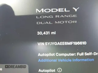 2021 Tesla Model Y Long Range with VIN 5YJYGAEE6MF196610, listed as a IAAI auction lot 41516909 with 30,431 mi miles. Bid and sale history available at carsss.com. Image 16.