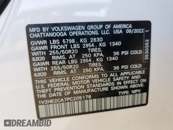 2023 Volkswagen Atlas SE with VIN 1V2HE2CA7PC205178, listed as a Copart auction lot 83377914 with 25,248 mi miles and Salvage title. Bid and sale history available at DreamBid. Image 12.