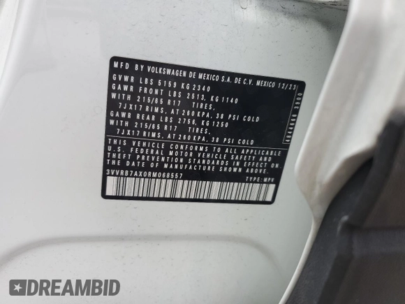 2024 Volkswagen Tiguan S с VIN 3VVRB7AX0RM068557, выставлен на аукционе Copart как лот 52152045 с пробегом 26 057 миль миль и Списание • Salvage title. История ставок и продаж доступна на DreamBid. Изображение 13.