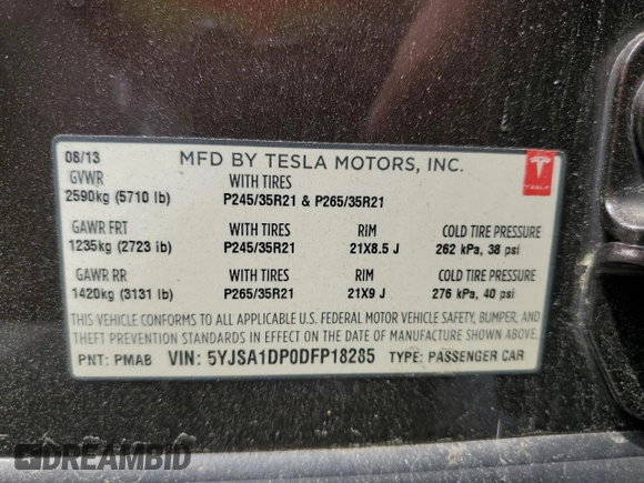 2013 Tesla Model S Performance z VIN 5YJSA1DP0DFP18285, wystawiony jako Copart lot #58437215 z przebiegiem 130 059 mil mil oraz Czysty tytuł • Clean title. Historia ofert i sprzedaży dostępna na DreamBid. Obrazek 12.