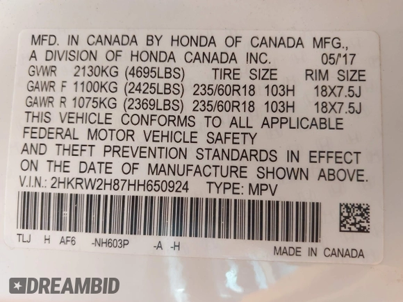 2017 Honda CR-V EX-L with VIN 2HKRW2H87HH650924, listed as a IAAI auction lot 42131606 with 72,415 mi miles and . Bid and sale history available at carsss.com. Image 9.
