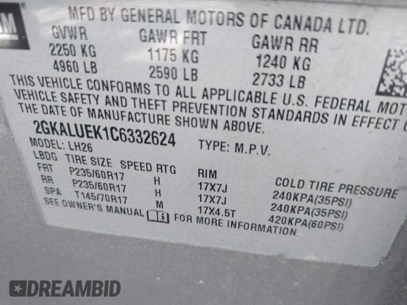 2012 GMC Terrain SLT-1 with VIN 2GKALUEK1C6332624, listed as a IAAI auction lot 42625367 with 163,666 mi miles and . Bid and sale history available at DreamBid. Image 9.