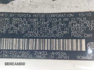 2010 Toyota Prius II with VIN JTDKN3DU6A0240907, listed as a IAAI auction lot 42046569 with 248,043 mi miles and . Bid and sale history available at DreamBid. Image 9.