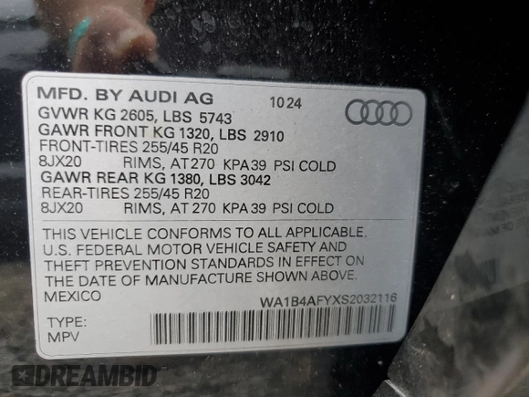 2025 Audi SQ5 Premium Plus with VIN WA1B4AFYXS2032116, listed as a Copart auction lot 60176795 with Not provided miles and Salvage title. Bid and sale history available at DreamBid. Image 13.