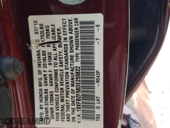 2013 Honda Civic LX z VIN 19XFB2F58DE259822, wystawiony jako Copart lot #59404415 z przebiegiem 65 523 mil mil oraz Szkoda całkowita • Salvage title. Historia ofert i sprzedaży dostępna na DreamBid. Obrazek 12.