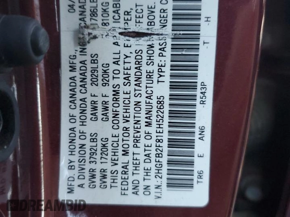 2014 Honda Civic Sedan EX with VIN 2HGFB2F81EH522685, listed as a Copart auction lot 84712914 with 91,501 mi miles and Salvage Title. Bid and sale history available at carsss.com. Image 13.