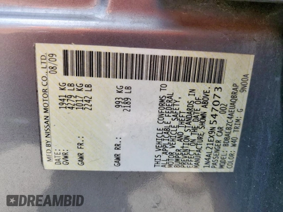 2009 Nissan Altima S with VIN 1N4AL21EX9N547073, listed as a Copart auction lot 53693945 with 170,506 mi miles and Salvage Title. Bid and sale history available at DreamBid. Image 12.