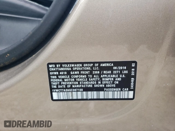 2016 Volkswagen Passat SEL with VIN 1VWCT7A39GC067109, listed as a Copart auction lot 54964775 with 143,763 mi miles and Salvage title. Bid and sale history available at DreamBid. Image 12.
