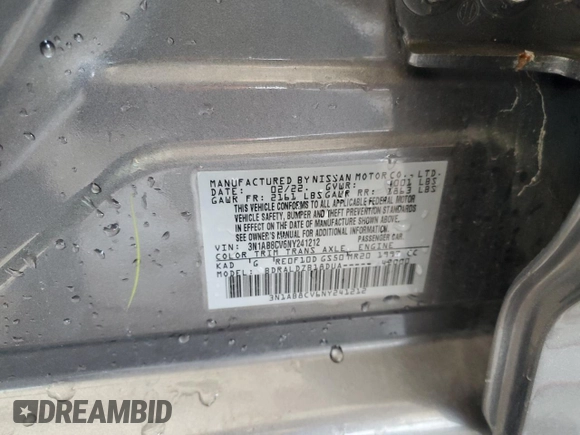 2022 Nissan Sentra SV with VIN 3N1AB8CV6NY241212, listed as a Copart auction lot 50308965 with 50,822 mi miles and Salvage Title. Bid and sale history available at carsss.com. Image 12.