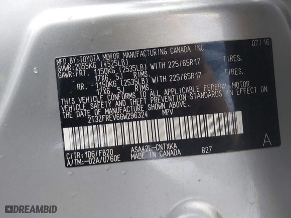 2016 Toyota RAV4 LE with VIN 2T3ZFREV6GW296324, listed as a IAAI auction lot 40922529 with 138,107 mi miles. Bid and sale history available at carsss.com. Image 9.