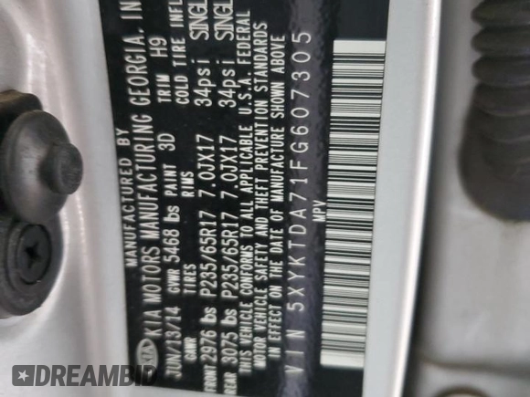 2015 Kia Sorento LX with VIN 5XYKTDA71FG607305, listed as a Copart auction lot 45190415 with 93,535 mi miles and Salvage Title. Bid and sale history available at carsss.com. Image 13.