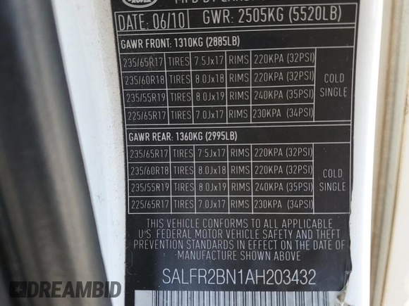 2010 Land Rover LR2 HSE with VIN SALFR2BN1AH203432, listed as a Copart auction lot 64099975 with 188,887 mi miles and Clean title. Bid and sale history available at DreamBid. Image 13.