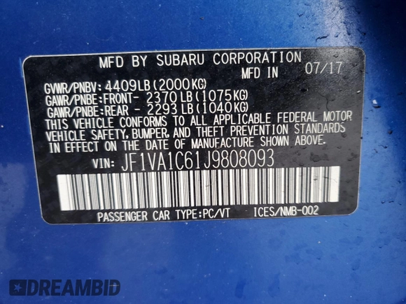 2018 Subaru WRX Premium with VIN JF1VA1C61J9808093, listed as a Copart auction lot 49093895 with 47,588 mi miles and Salvage Title. Bid and sale history available at carsss.com. Image 12.