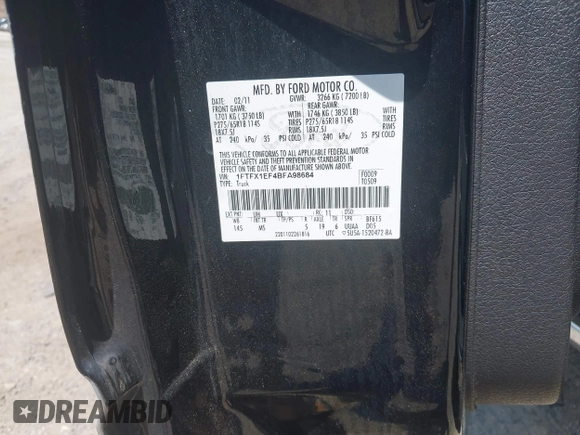 2011 Ford F-150 XL with VIN 1FTFX1EF4BFA98684, listed as a IAAI auction lot 42561624 with 163,066 mi miles and . Bid and sale history available at DreamBid. Image 9.