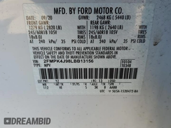 2020 Ford Edge SEL with VIN 2FMPK4J98LBB13156, listed as a Copart auction lot 48159975 with 29,690 mi miles and Salvage Title. Bid and sale history available at DreamBid. Image 13.