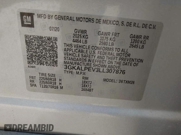 2020 GMC Terrain SLT z VIN 3GKALPEV3LL307876, wystawiony jako IAAI lot #42124480 z przebiegiem Nie podano mil oraz . Historia ofert i sprzedaży dostępna na DreamBid. Obrazek 9.