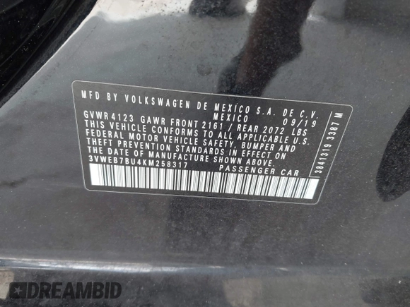 2019 Volkswagen Jetta SEL с VIN 3VWEB7BU4KM258317, выставлен на аукционе IAAI как лот 42828710 с пробегом 25 766 миль миль и . История ставок и продаж доступна на DreamBid. Изображение 9.