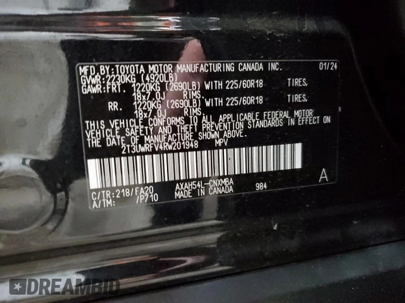 2024 Toyota RAV4 Hybrid LE with VIN 2T3UWRFV4RW201948, listed as a Copart auction lot 70400424 with 6,852 mi miles and Salvage title. Bid and sale history available at DreamBid. Image 13.