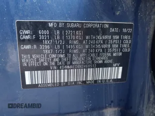 2022 Subaru Ascent Premium z VIN 4S4WMAED6N3468512, wystawiony jako IAAI lot #41499583 z przebiegiem 52 242 mil mil oraz . Historia ofert i sprzedaży dostępna na DreamBid. Obrazek 9.